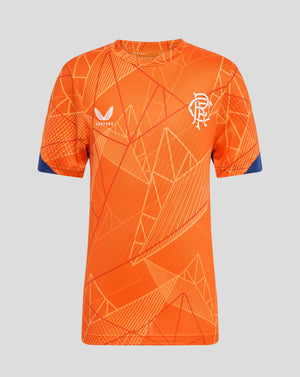Junior League Matchday T shirt in bright orange with geometric pattern and white club crest on chest blue sleeve cuffs