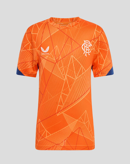 Junior League Matchday T shirt in bright orange with geometric pattern and white club crest on chest blue sleeve cuffs