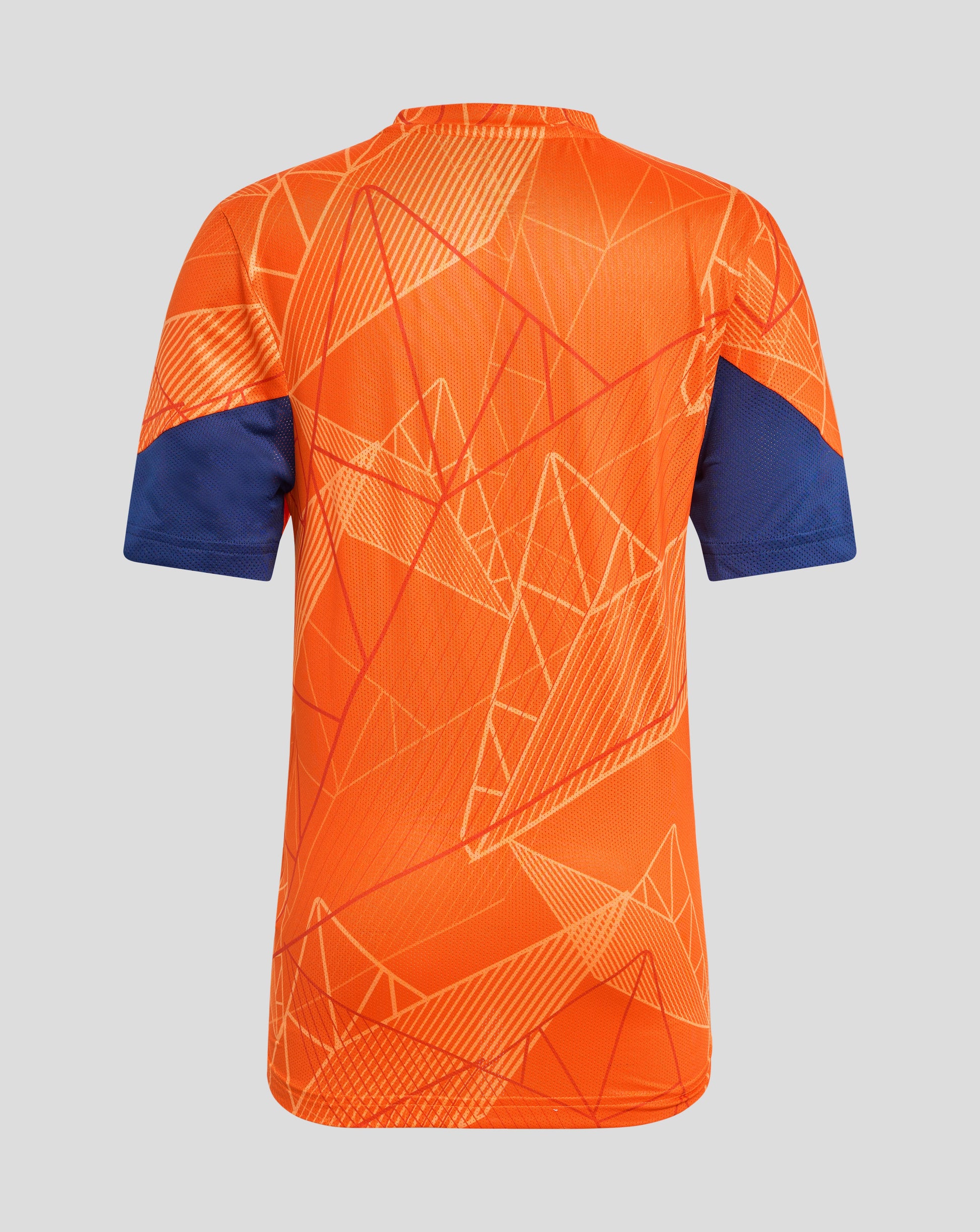 Back view of bright orange junior league matchday T shirt with geometric line pattern across the fabric