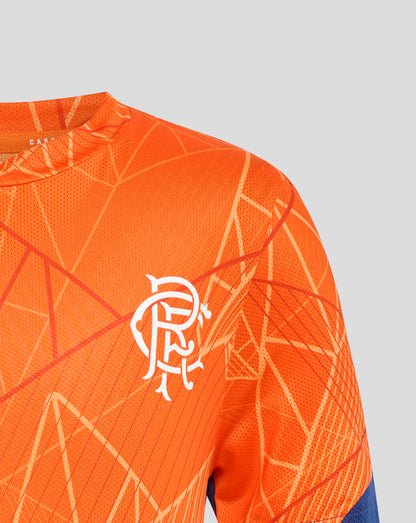 Front view of orange Rangers 24/25 Junior League Matchday T Shirt showing white crest on chest and geometric pattern.