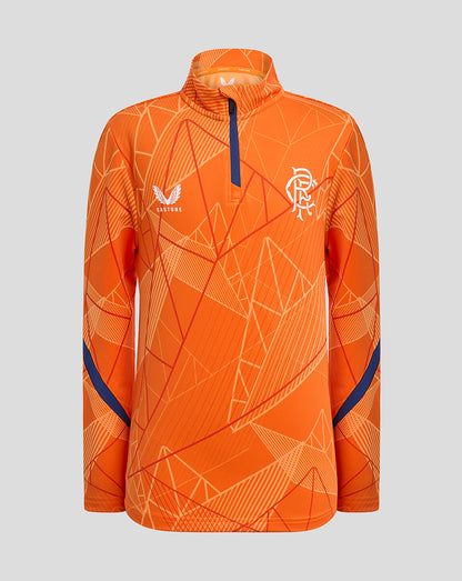 Front view of Rangers 24/25 Junior League Matchday 1/4 Zip Midlayer in bright orange with geometric pattern and navy zip.