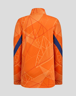 Back view of a bright orange Rangers junior league matchday midlayer with a geometric pattern and blue sleeve panels