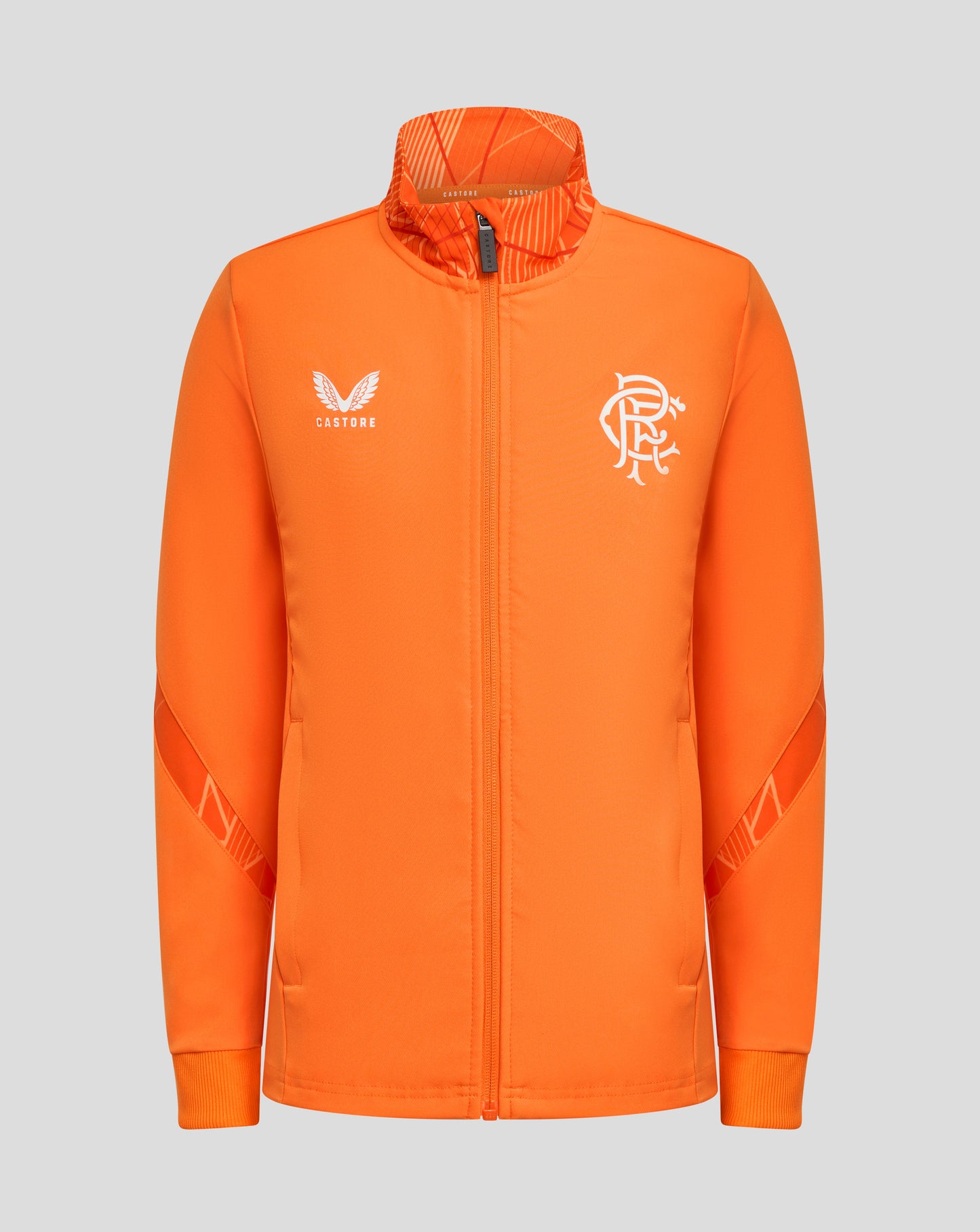 Front view of bright orange Rangers 24/25 Junior League Matchday Anthem Jacket with a white crest on the right chest and Castore branding on the left.