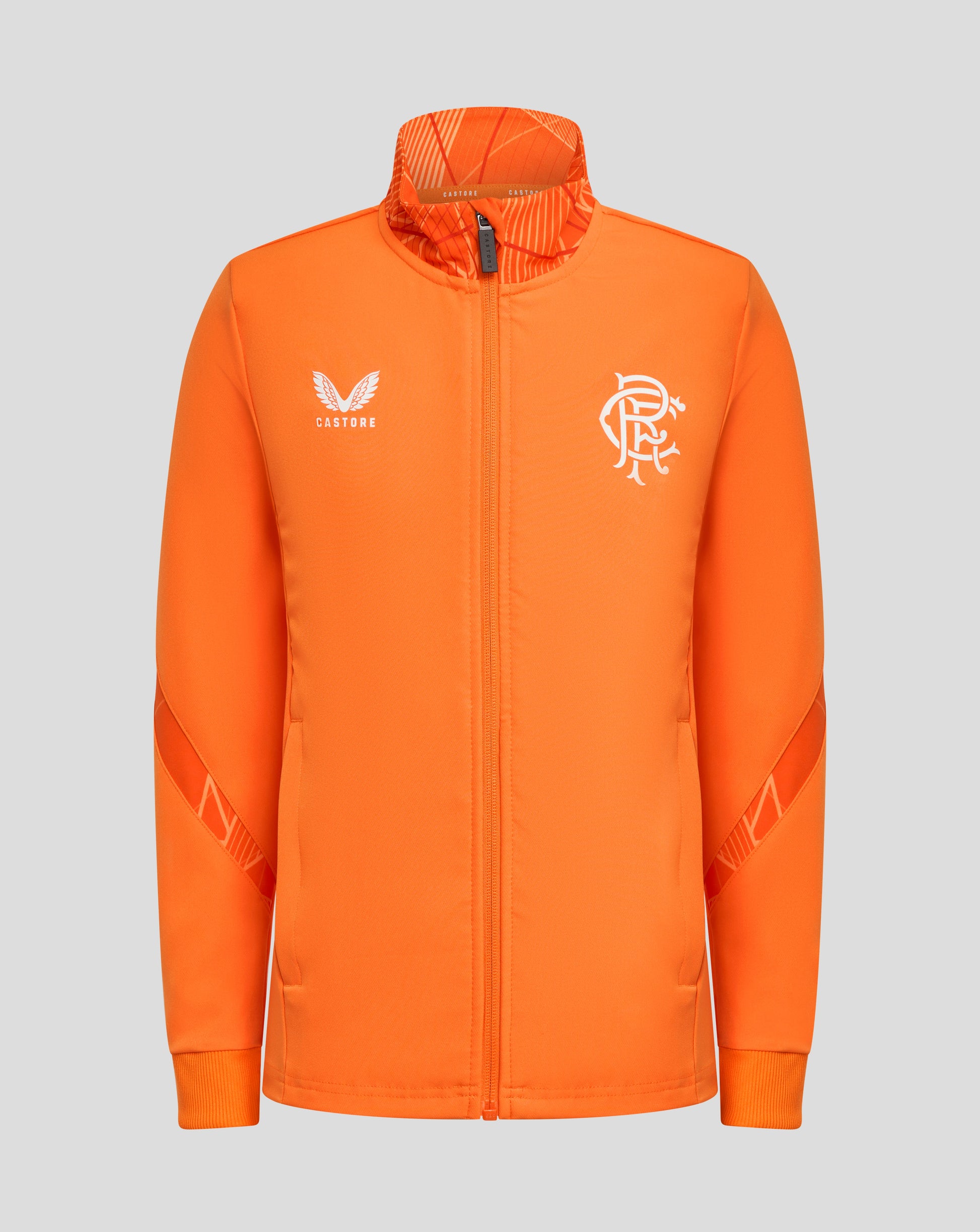Front view of bright orange Rangers 24/25 Junior League Matchday Anthem Jacket with a white crest on the right chest and Castore branding on the left.