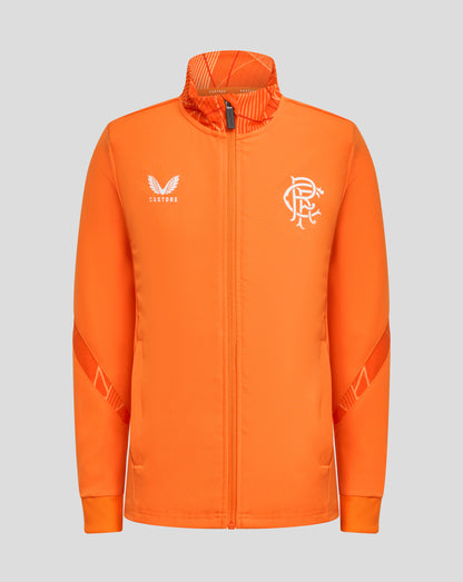 Front view of bright orange Rangers 24/25 Junior League Matchday Anthem Jacket with a white crest on the right chest and Castore branding on the left.