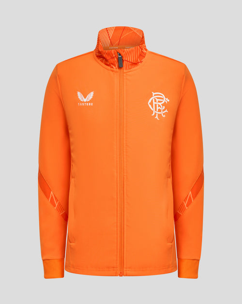 Front view of bright orange Rangers 24/25 Junior League Matchday Anthem Jacket with a white crest on the right chest and Castore branding on the left.
