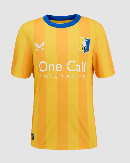 Junior Mansfield Home Shirt 24/25 in yellow with blue collar and crest on chest