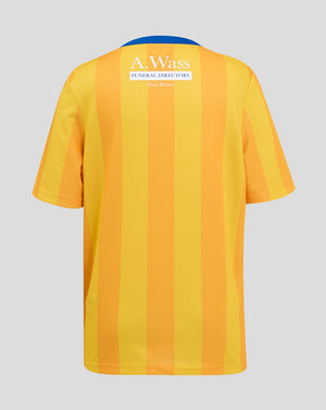 Mansfield Junior 24/25 home shirt back view with yellow and orange vertical stripes and A Wass Funeral Directors sponsor.