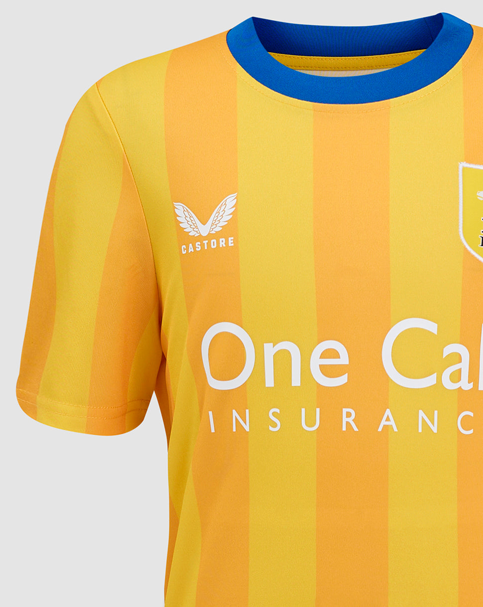 Mansfield Junior 24/25 home shirt chest close up with One Call Insurance across the front and Castore branding on yellow orange stripes.