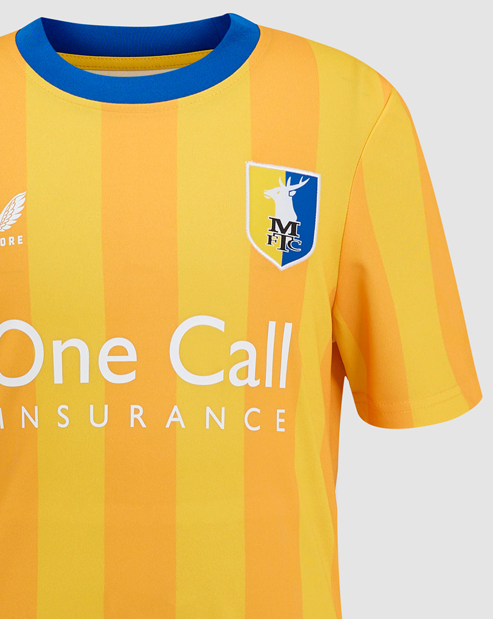 Mansfield Junior 24/25 home shirt front showing crest and One Call Insurance sponsor on blue collar yellow and orange stripes.