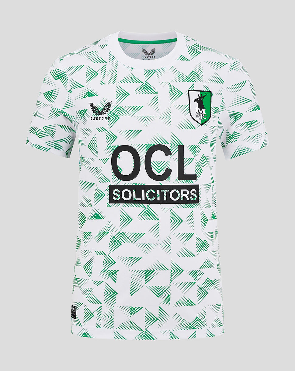 Mansfield Junior Away Shirt white with green chevron pattern, crest on chest, Castore branding and OCL Solicitors across front.