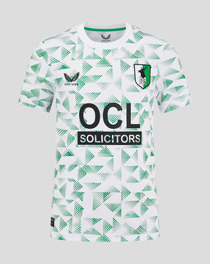 Mansfield Junior Away Shirt white with green chevron pattern, crest on chest, Castore branding and OCL Solicitors across front.