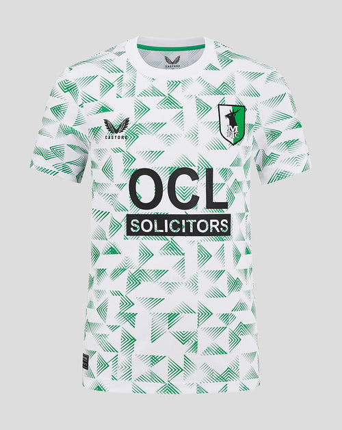 Mansfield Junior Away Shirt white with green chevron pattern, crest on chest, Castore branding and OCL Solicitors across front.