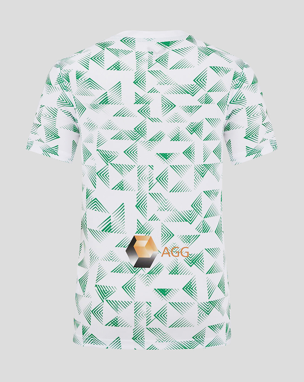 Back view of Mansfield Junior Away Shirt showing all-over green chevron pattern on white fabric