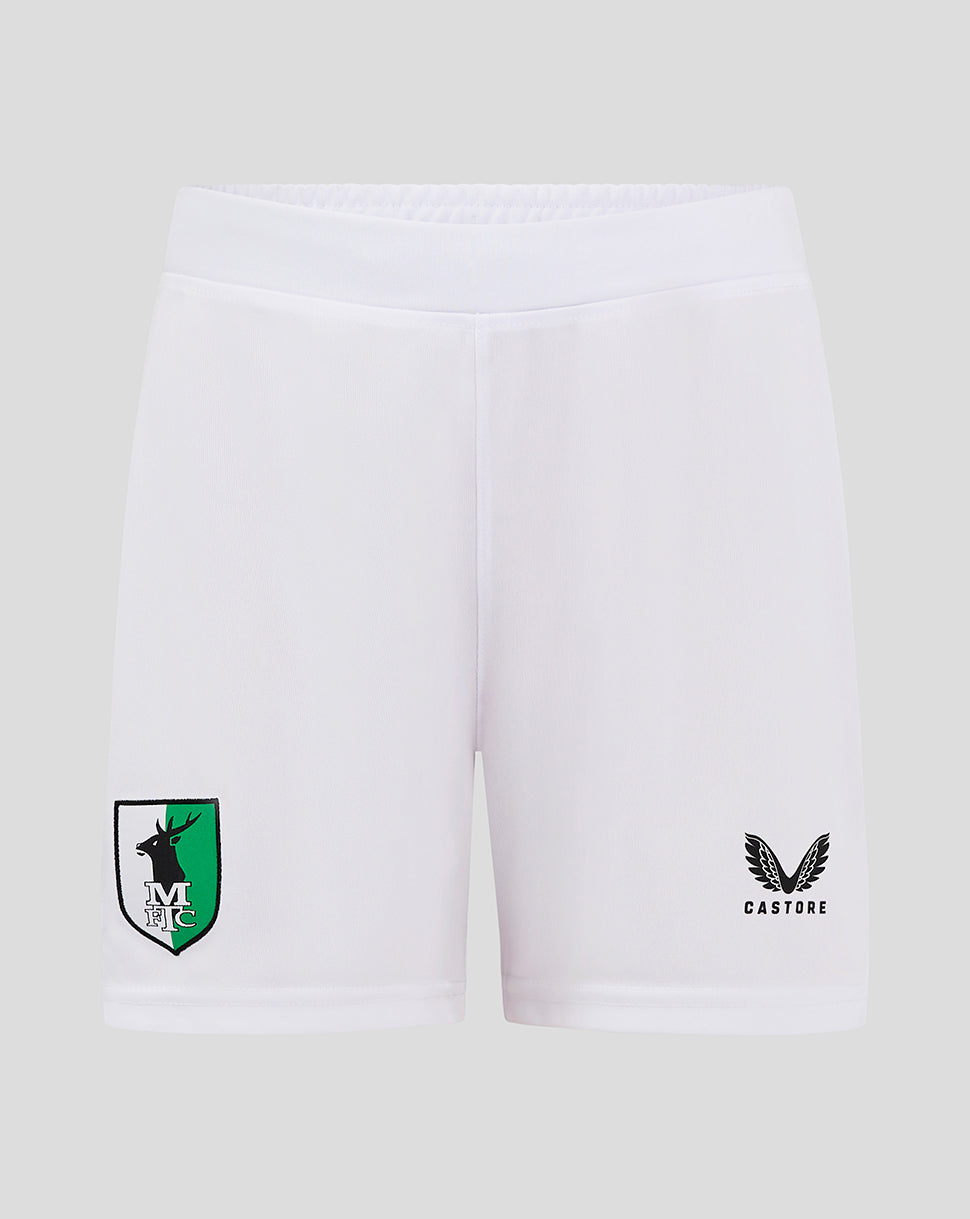 White Mansfield Away Shorts with shield crest on left leg and Castore logo on right leg