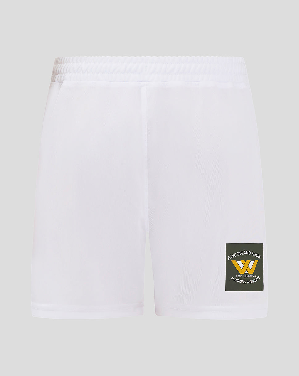 White Mansfield Junior Away Shorts back view with a rectangular sponsor patch on the lower leg