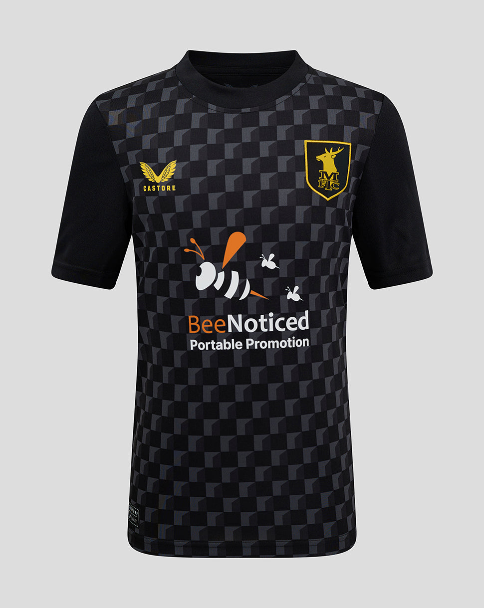 Front view of Mansfield Junior 24/25 Third Shirt with checkerboard pattern crest on left chest and BeeNoticed sponsor.