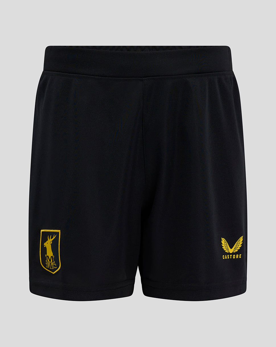 Back view of black Mansfield Junior Third Shorts with raised gold crest on the right thigh and Castore branding on the left thigh