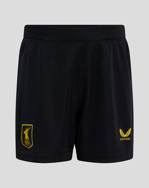 Back view of black Mansfield Junior Third Shorts with raised gold crest on the right thigh and Castore branding on the left thigh