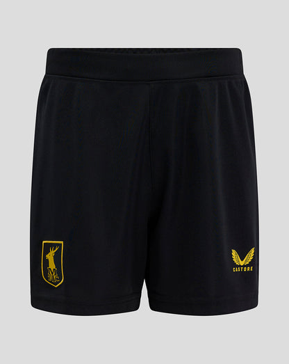 Back view of black Mansfield Junior Third Shorts with raised gold crest on the right thigh and Castore branding on the left thigh