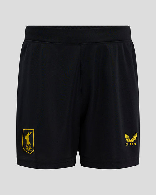 Back view of black Mansfield Junior Third Shorts with raised gold crest on the right thigh and Castore branding on the left thigh