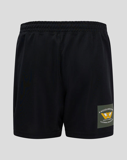Mansfield Junior 24/25 Third Shorts in black with flat waistband and internal elastic, right thigh silicone crest and left thigh Castore branding.