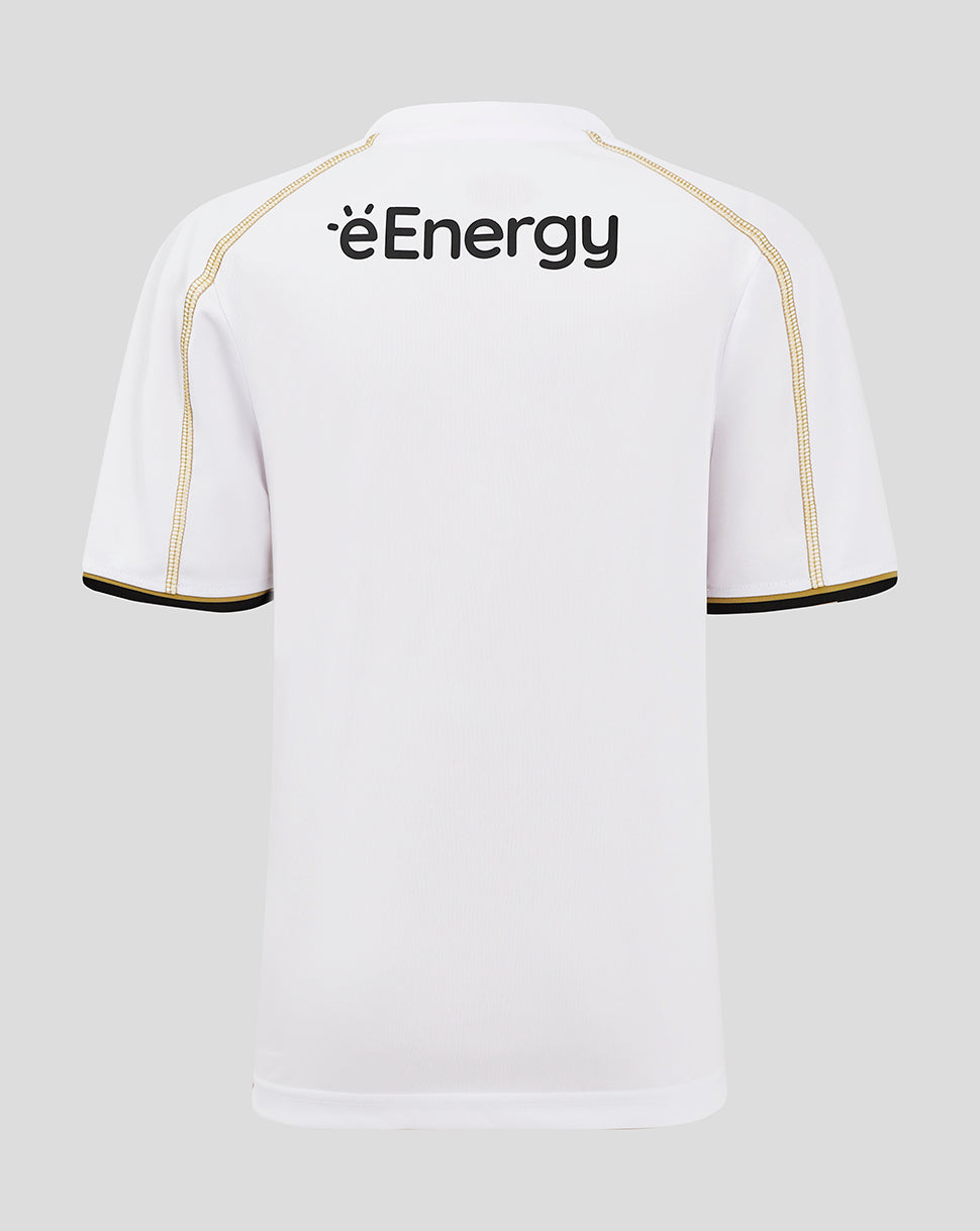 Back view of white MK Dons junior home shirt with éEnergy logo across the upper back.