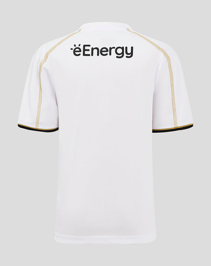 Back view of white MK Dons junior home shirt with éEnergy logo across the upper back.
