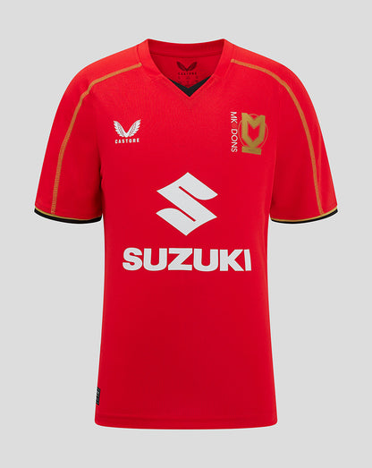 Front view of Mk Dons Junior 24/25 Away Shirt in red with Suzuki sponsor and Castore logo.