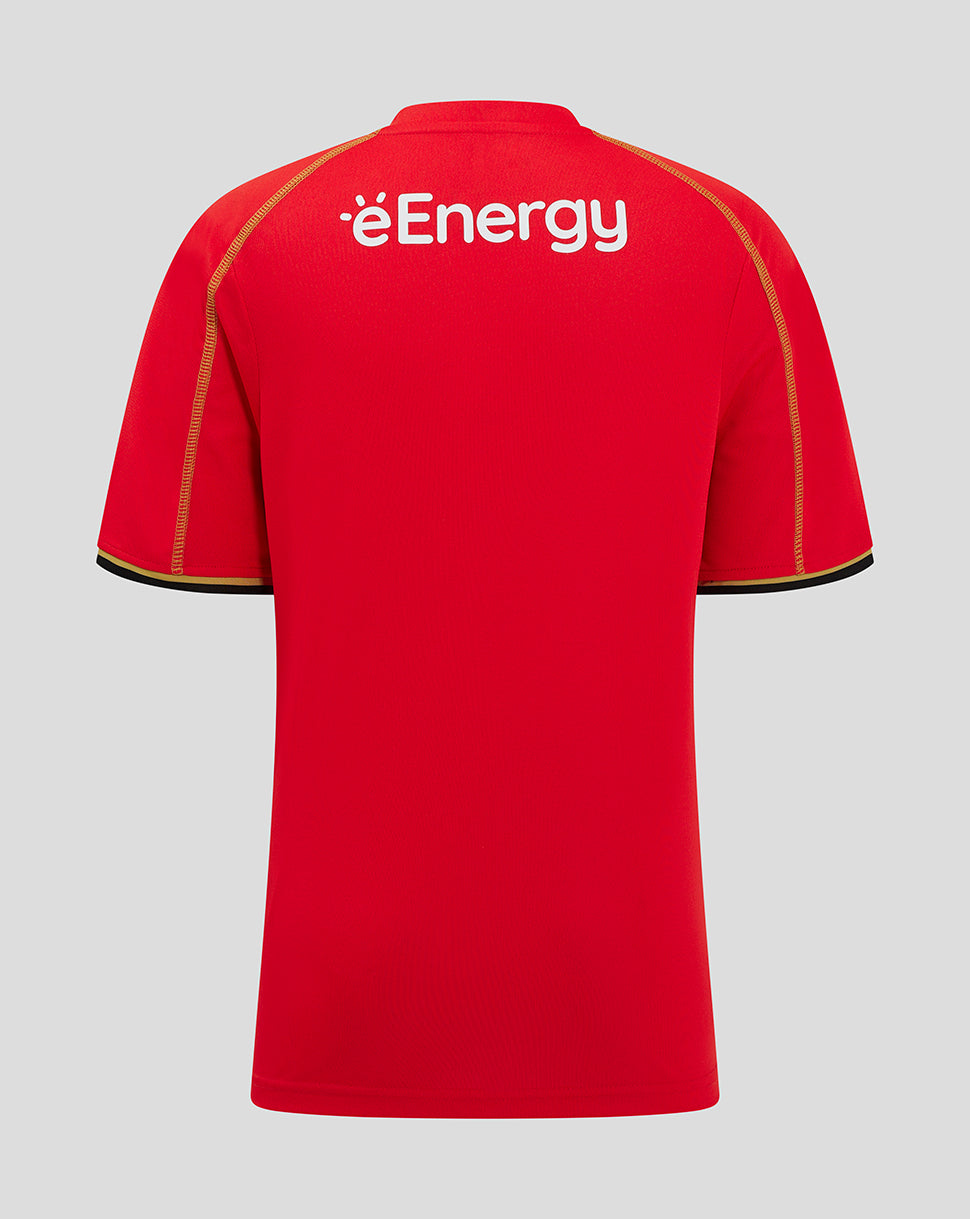 Back view of Mk Dons Junior 24/25 Away Shirt in red with white eEnergy logo across the upper back.