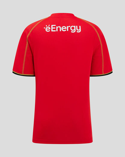Back view of Mk Dons Junior 24/25 Away Shirt in red with white eEnergy logo across the upper back.