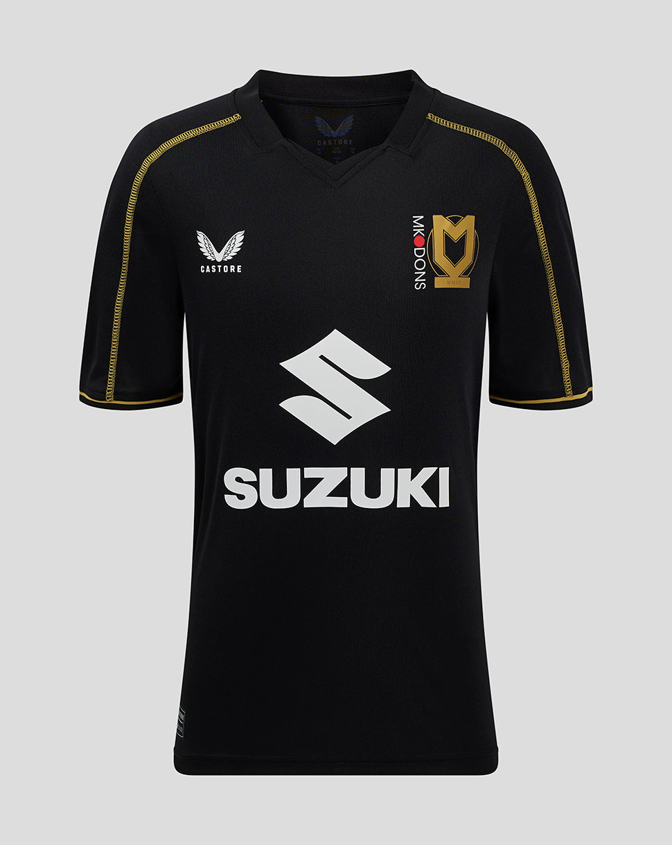 Mk Dons Junior 24/25 Third Shirt front view black jersey with gold piping and Suzuki sponsorship