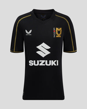 Mk Dons Junior 24/25 Third Shirt front view black jersey with gold piping and Suzuki sponsorship