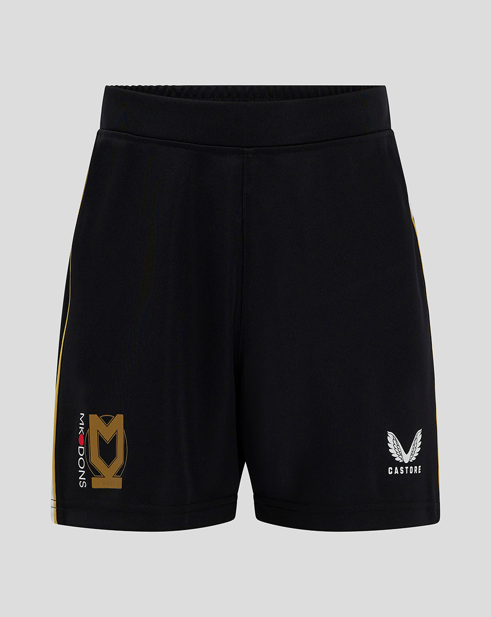 Front view of black Mk Dons Junior 24/25 Third Shorts with gold side stripe and logos