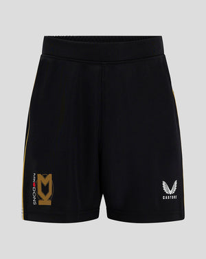 Front view of black Mk Dons Junior 24/25 Third Shorts with gold side stripe and logos