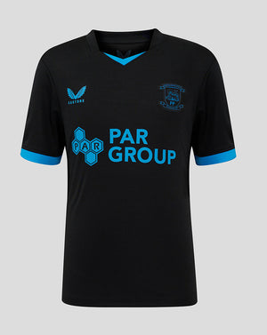 Front view of junior Preston North End third shirt black with blue accents crest left chest and Castore branding.