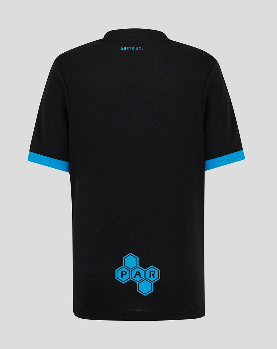 Back view of black Preston North End Junior Third Shirt with North End text at the upper back, blue sleeve cuffs, and PAR GROUP hex badge near the hem.