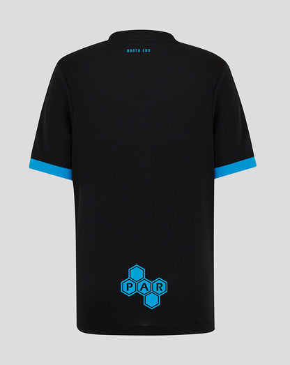 Back view of black Preston North End Junior Third Shirt with North End text at the upper back, blue sleeve cuffs, and PAR GROUP hex badge near the hem.