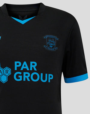 Front view of Preston Junior Third Shirt in black with bright blue PAR GROUP sponsor print across the chest and a blue crest on the left chest.