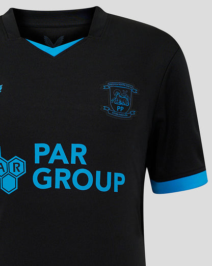 Front view of Preston Junior Third Shirt in black with bright blue PAR GROUP sponsor print across the chest and a blue crest on the left chest.