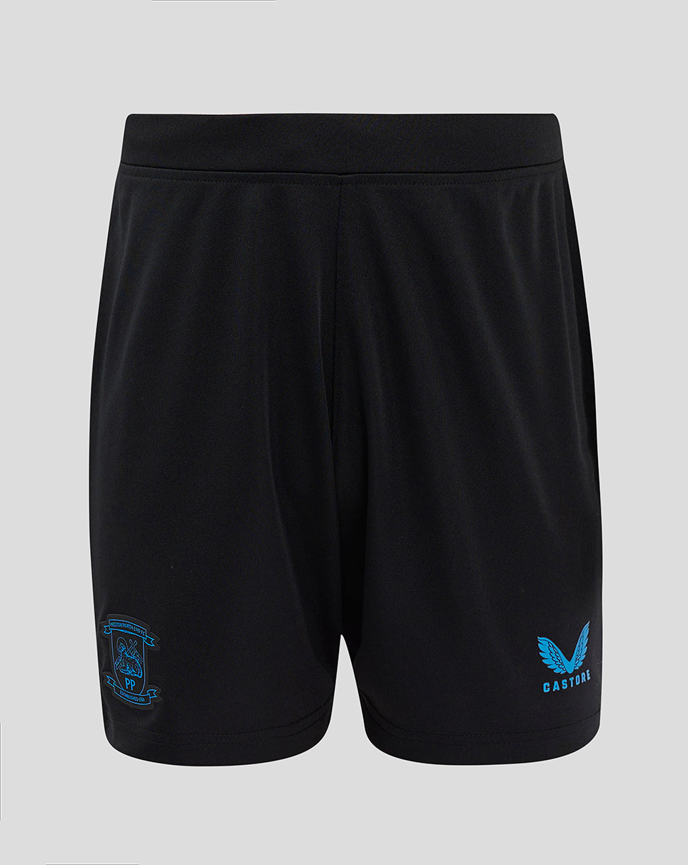 Front view of black Preston North End Junior Third Shorts with partially elasticated waistband, blue crest on the left leg and Castore branding on the right