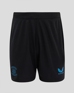 Front view of black Preston North End Junior Third Shorts with partially elasticated waistband, blue crest on the left leg and Castore branding on the right