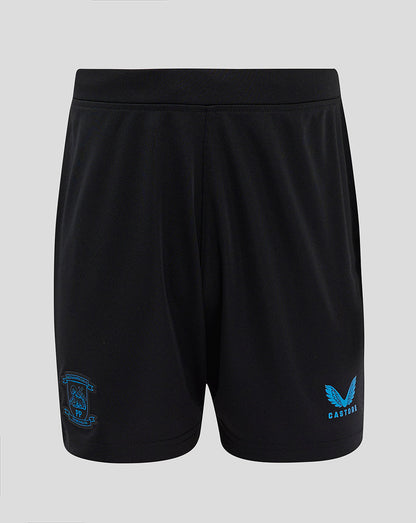 Front view of black Preston North End Junior Third Shorts with partially elasticated waistband, blue crest on the left leg and Castore branding on the right