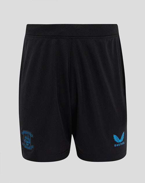Front view of black Preston North End Junior Third Shorts with partially elasticated waistband, blue crest on the left leg and Castore branding on the right