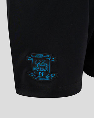 Close-up of the blue Preston North End club crest on the shorts