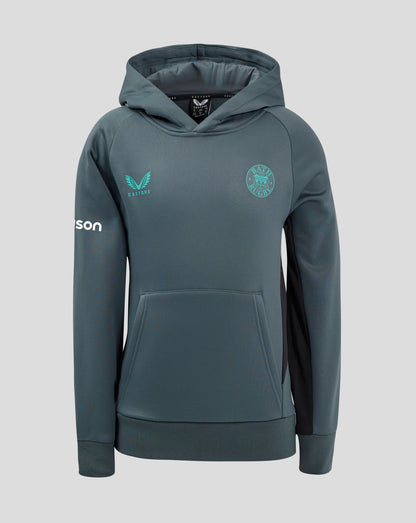 Front view of Bath Rugby Junior training hoodie in blue gray with teal Bath Rugby crest on chest and Castore branding on sleeve.
