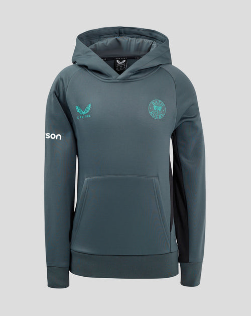 Front view of Bath Rugby Junior training hoodie in blue gray with teal Bath Rugby crest on chest and Castore branding on sleeve.