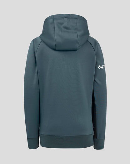 Back view of a teal Bath Rugby junior training hoodie with hood up and white text on the sleeve.