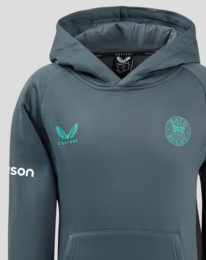 Bath Rugby junior training hoodie in teal featuring a Castore wing logo and Bath Rugby crest on the chest