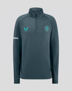 Close up of dark teal Bath Rugby quarter zip top with high collar and left chest Castore logo and right chest Bath Rugby crest